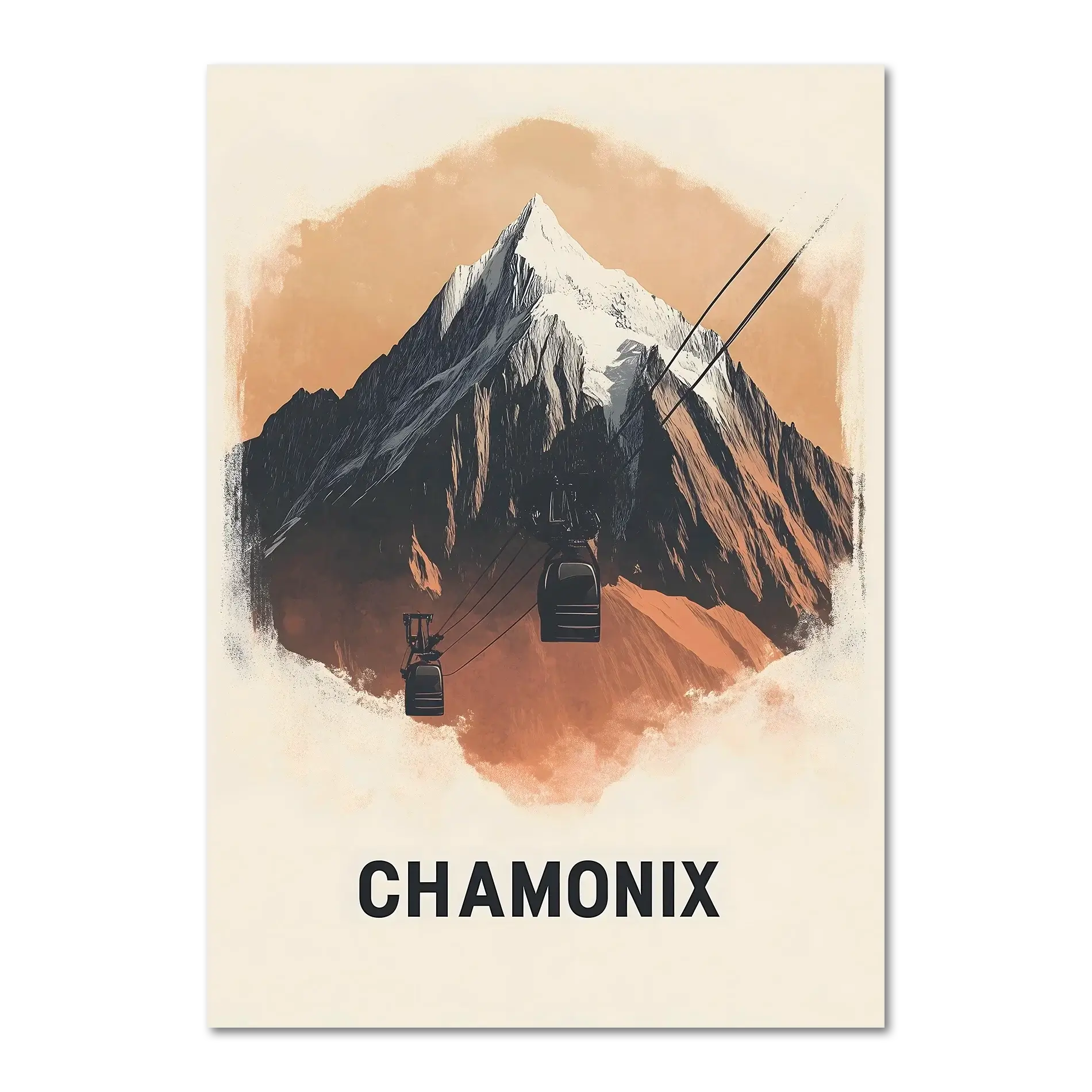 Majestic Peaks of Chamonix - Poster featuring a mountain and cable car in warm terracotta tones.
