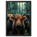 Majesty Among Trees - Poster featuring a close view of alpine cows in a forest, showcasing detailed fur and strong horns.