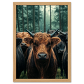 Majesty Among Trees - Poster featuring alpine cows in a forest with deep brown and black tones and soft green hues.