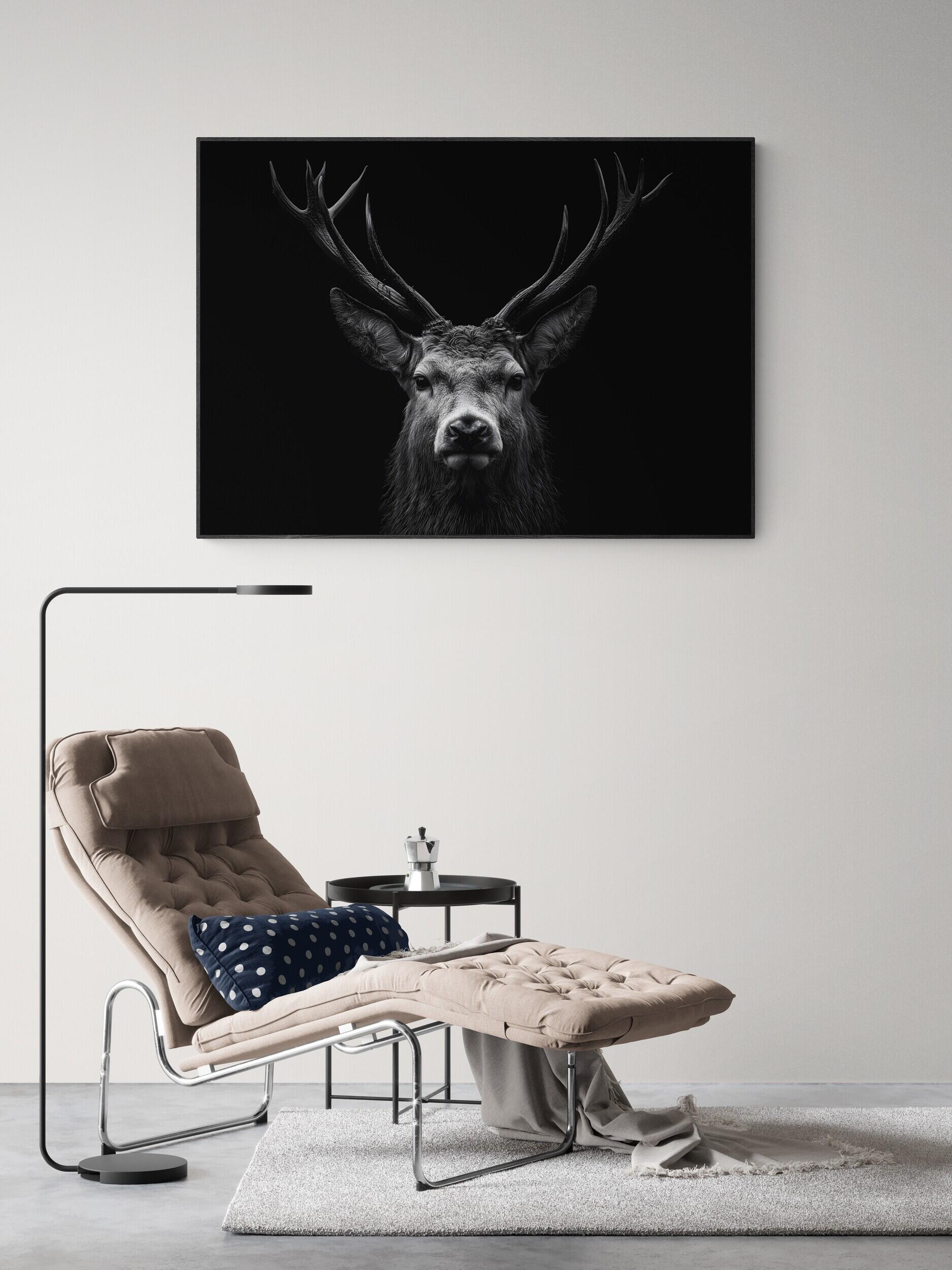 Majesty of a deer - Alu-Dibond wall art displayed above a modern chair in a stylish interior setting.