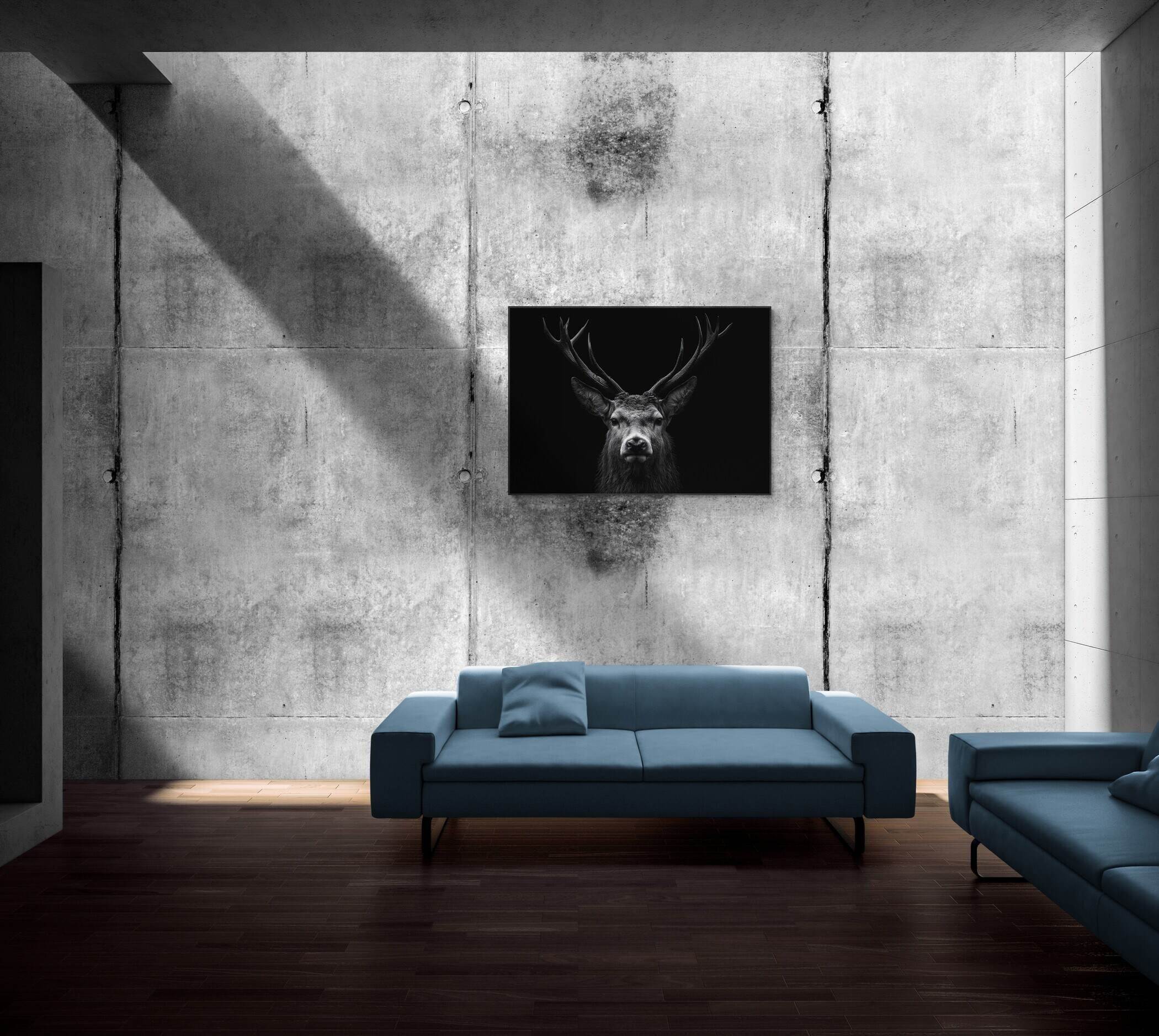 Majesty of a deer - Alu-Dibond wall art featuring a stag in a modern living room setting.