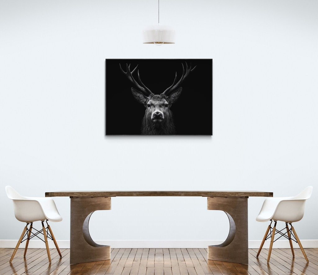 Majesty of a deer - Alu-Dibond wall art displayed in a modern dining room setting.