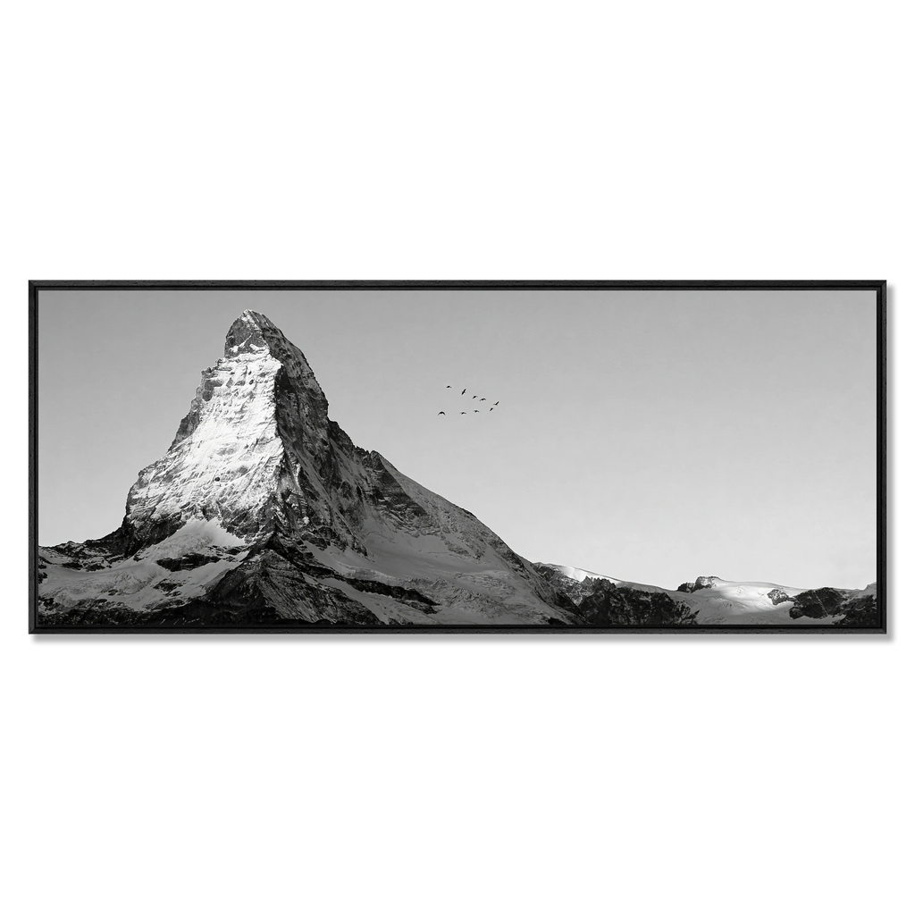 Matterhorn with Birds – Alu-Dibond wall art featuring a mountain silhouette and birds in the open sky.