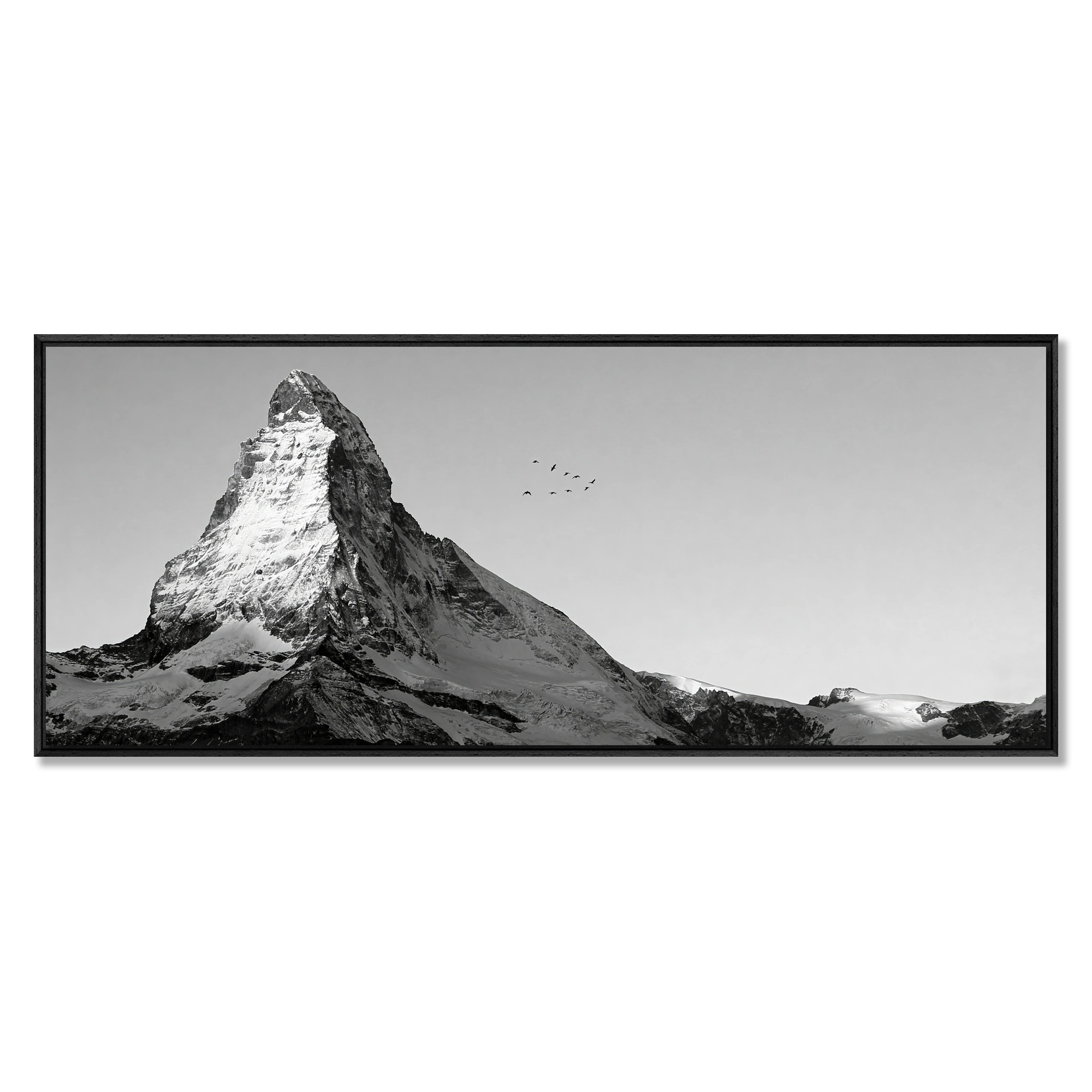 Matterhorn with Birds – Alu-Dibond wall art featuring a mountain silhouette and birds in the open sky.