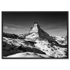 Matterhorn Eternal Contrast – Alu-Dibond wall art showcasing the iconic mountain in black and white over snow-covered terrain.
