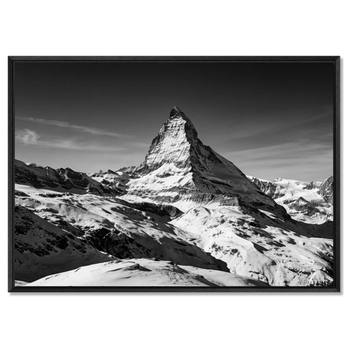 Matterhorn Eternal Contrast – Alu-Dibond wall art showcasing the iconic mountain in black and white over snow-covered terrain.