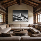Matterhorn Eternal Contrast – Alu-Dibond wall art displayed in a cozy cabin living room setting.