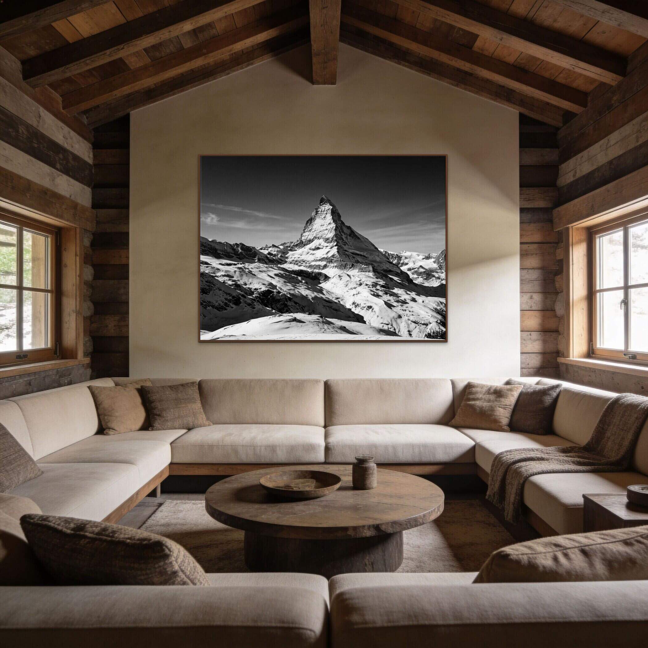 Matterhorn Eternal Contrast – Alu-Dibond wall art displayed in a cozy cabin living room setting.