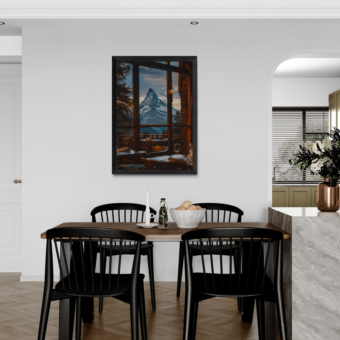 Matterhorn Evening - Poster hanging in a modern dining area with a view of the Matterhorn through the window.