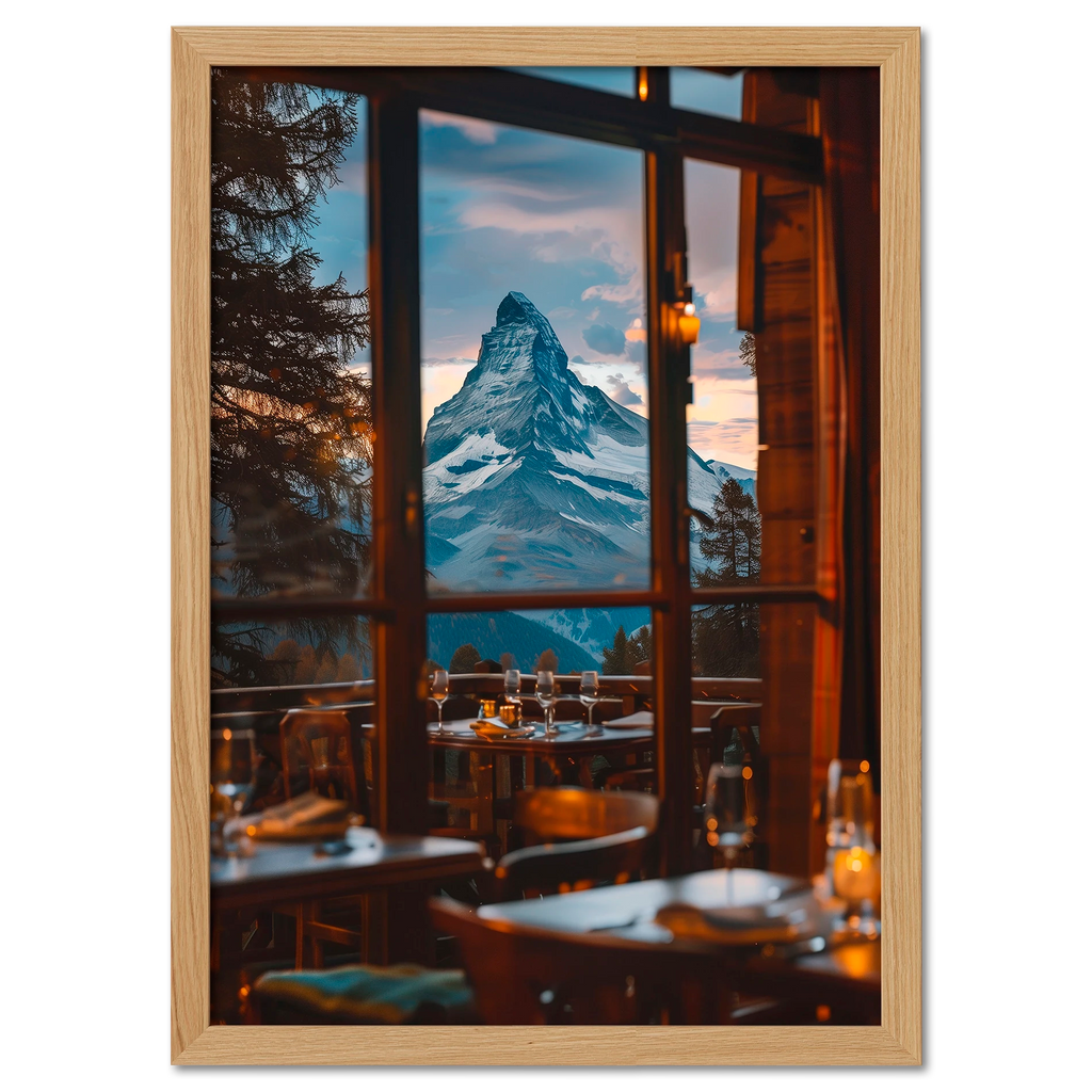 Matterhorn Evening - Poster showcasing a cozy restaurant view with the Matterhorn at sunset.