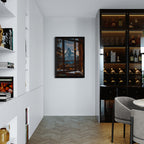 Matterhorn Evening - Poster hanging in a cozy alpine restaurant interior with wine storage and soft lighting.