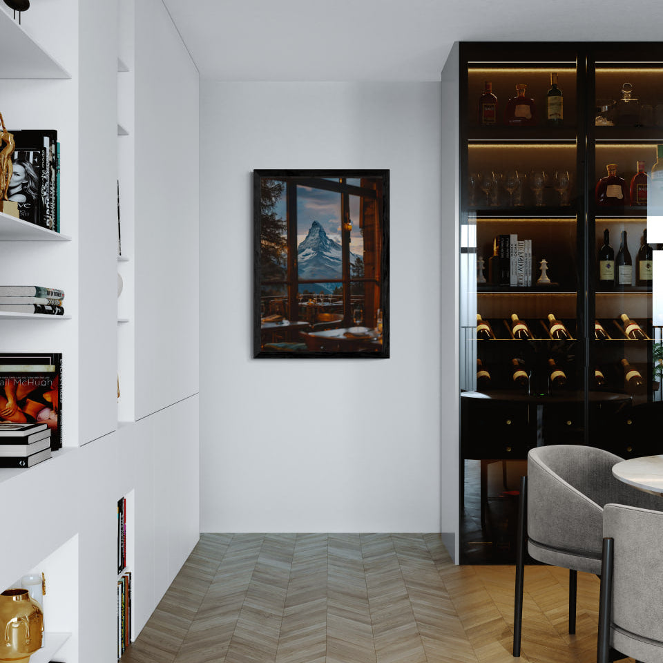Matterhorn Evening - Poster hanging in a cozy alpine restaurant interior with wine storage and soft lighting.