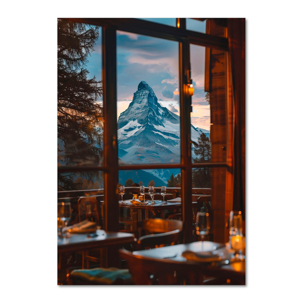 Matterhorn Evening - Poster featuring warm restaurant ambiance with the Matterhorn view outside.