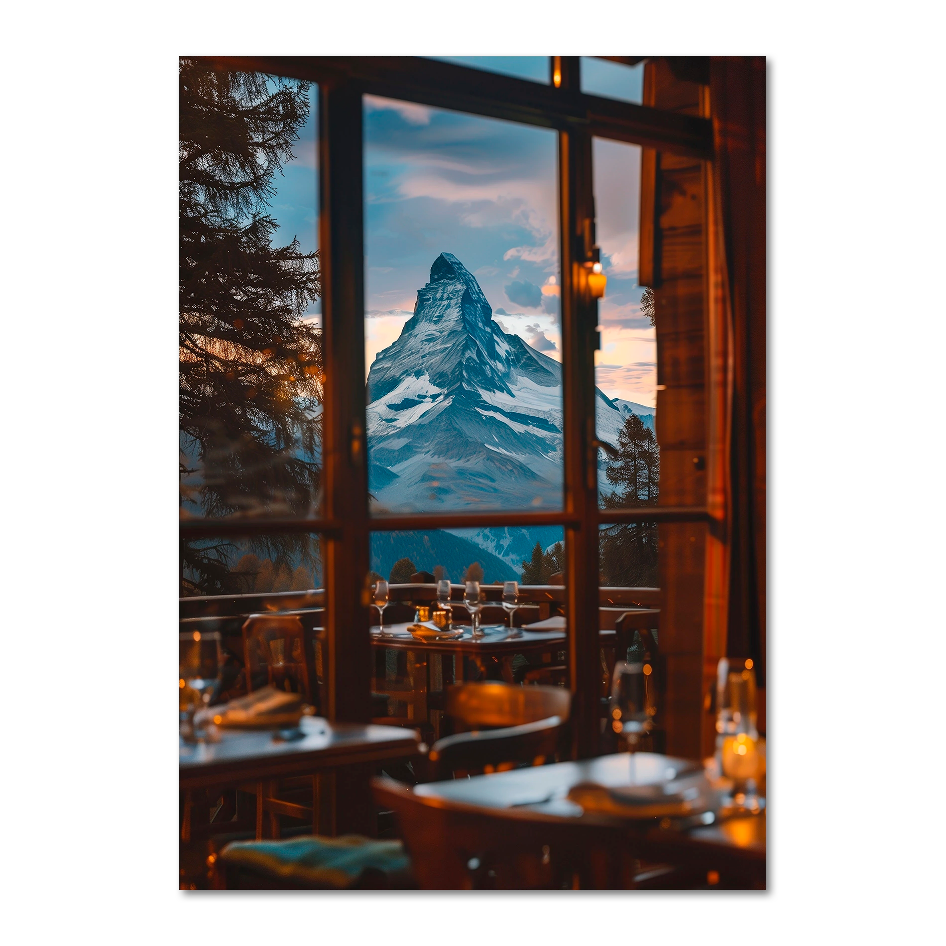 Matterhorn Evening - Poster featuring warm restaurant ambiance with the Matterhorn view outside.