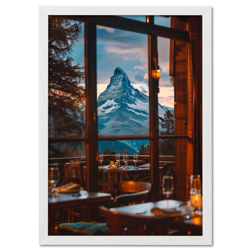Matterhorn Evening - Poster showcasing a cozy alpine restaurant with the Matterhorn in view during a warm evening.