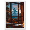 Matterhorn Evening - Poster showcasing a cozy alpine restaurant with the Matterhorn in view during a warm evening.