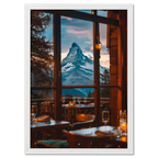 Matterhorn Evening - Poster showcasing a cozy alpine restaurant with the Matterhorn in view during a warm evening.