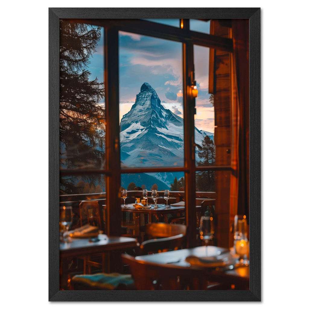 Matterhorn Evening - Poster featuring a cozy alpine restaurant view with the Matterhorn at sunset.