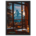 Matterhorn Evening - Poster featuring a cozy alpine restaurant view with the Matterhorn at sunset.