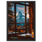 Matterhorn Evening - Poster featuring a cozy alpine restaurant view with the Matterhorn at sunset.