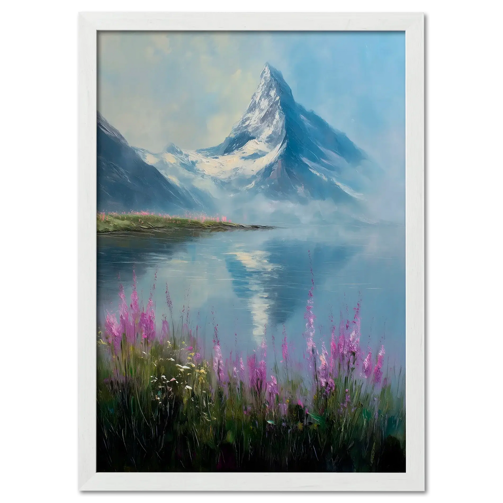 Matterhorn & Fireweed - Poster featuring a serene mountain landscape with pink flowers and a calm lake.