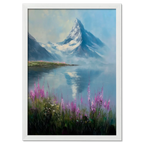 Matterhorn & Fireweed - Poster featuring a serene mountain landscape with pink flowers and a calm lake.