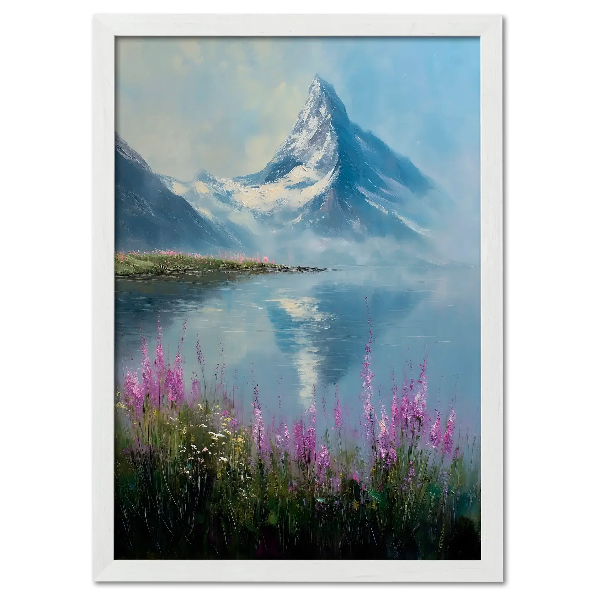 Matterhorn & Fireweed - Poster featuring a serene mountain landscape with pink flowers and a calm lake.