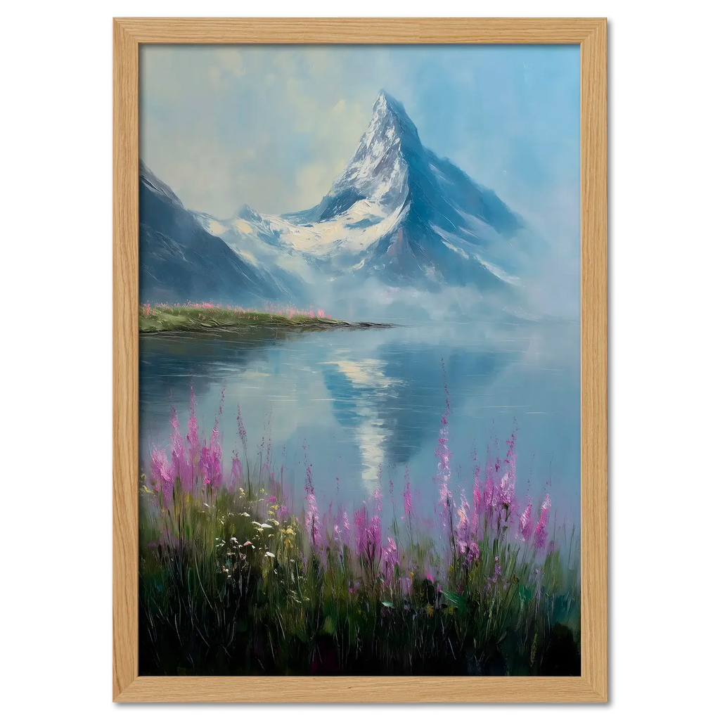 Matterhorn & Fireweed - Poster featuring a serene alpine landscape with wildflowers and mountain reflection.
