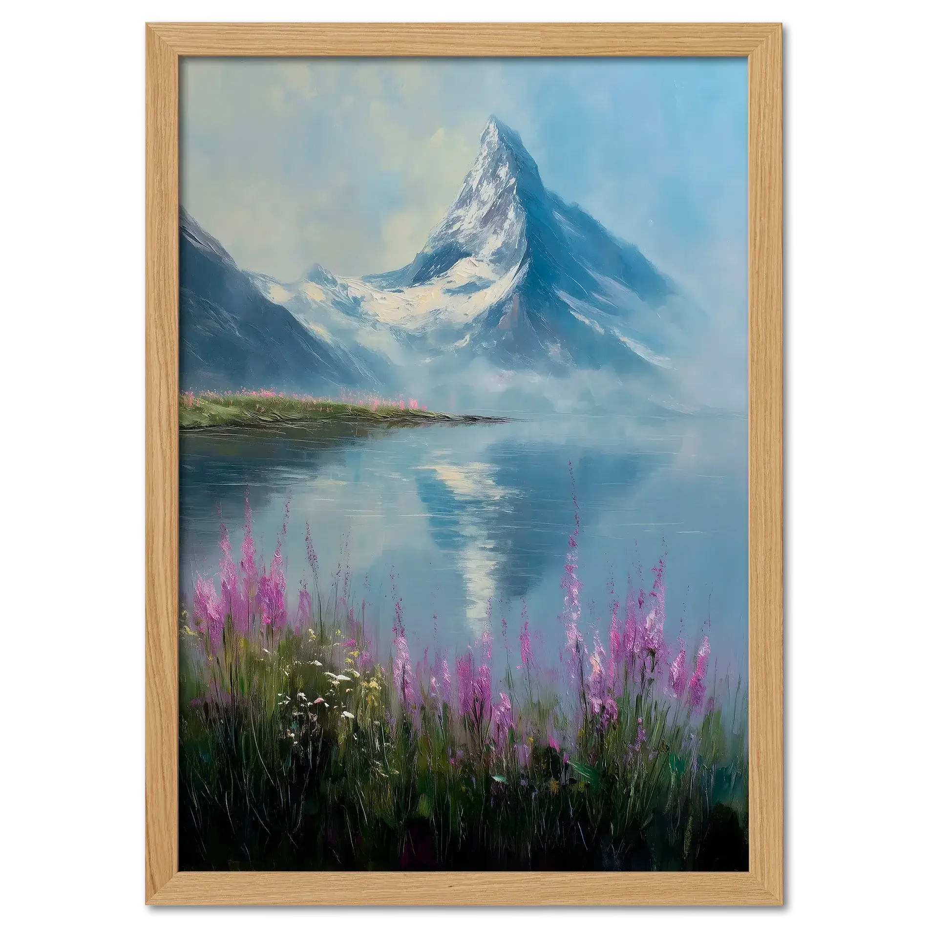 Matterhorn & Fireweed - Poster featuring a serene alpine landscape with wildflowers and mountain reflection.