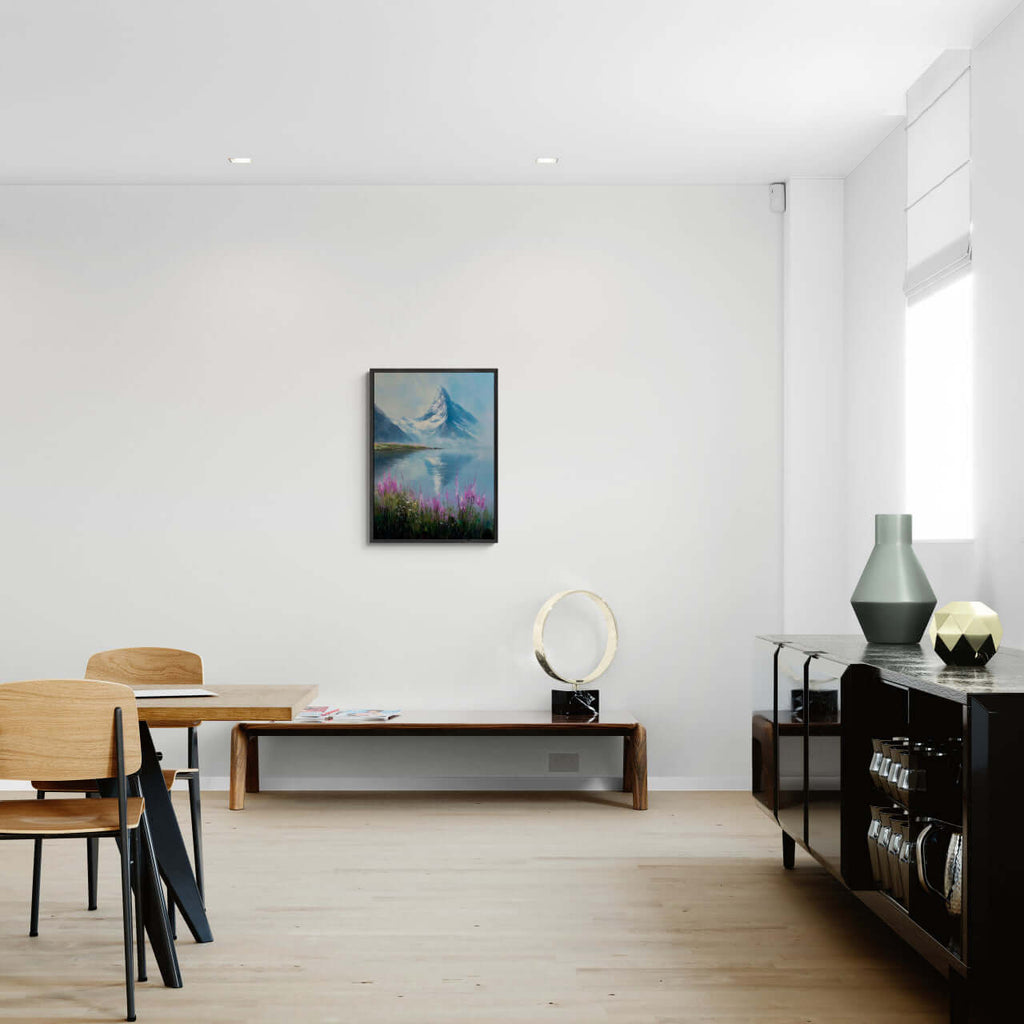 Matterhorn & Fireweed - Poster displayed on a wall in a modern living room with wooden furniture.