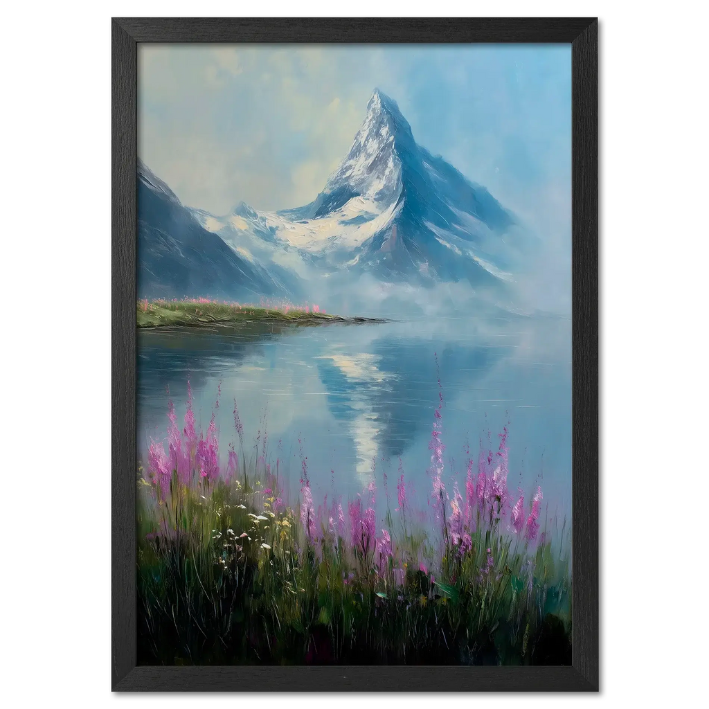 Matterhorn & Fireweed - Poster featuring a serene alpine lake with pink wildflowers in the foreground.