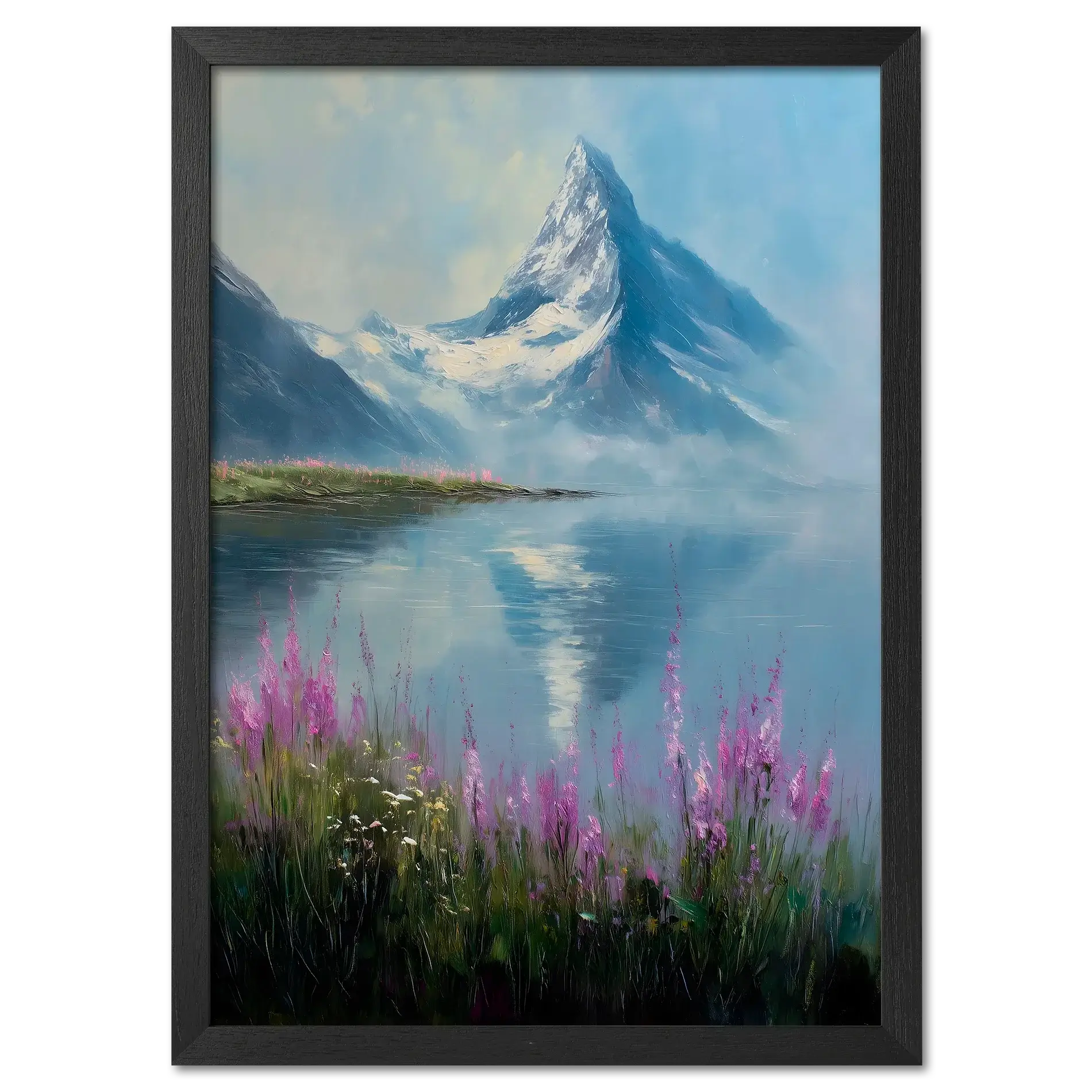 Matterhorn & Fireweed - Poster featuring a serene alpine lake with pink wildflowers in the foreground.
