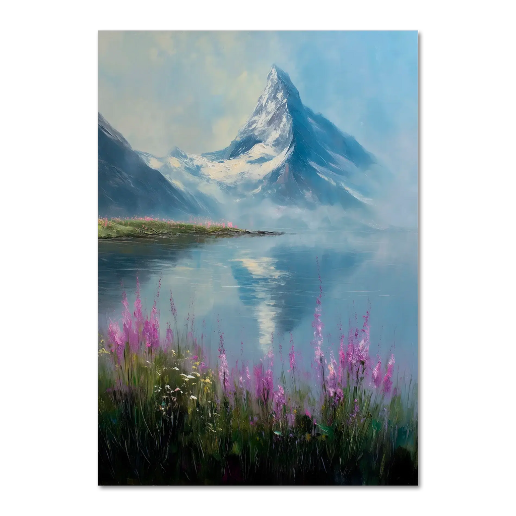 Matterhorn & Fireweed - Poster depicting the Matterhorn and calm alpine lake with pink wildflowers in the foreground.