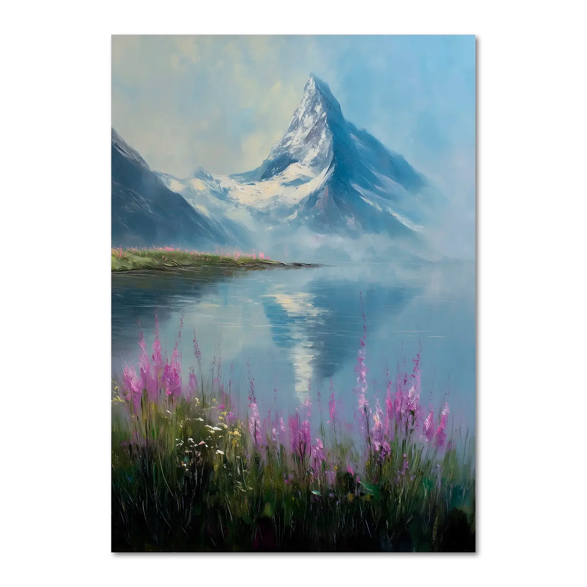Matterhorn & Fireweed - Poster depicting the Matterhorn and calm alpine lake with pink wildflowers in the foreground.