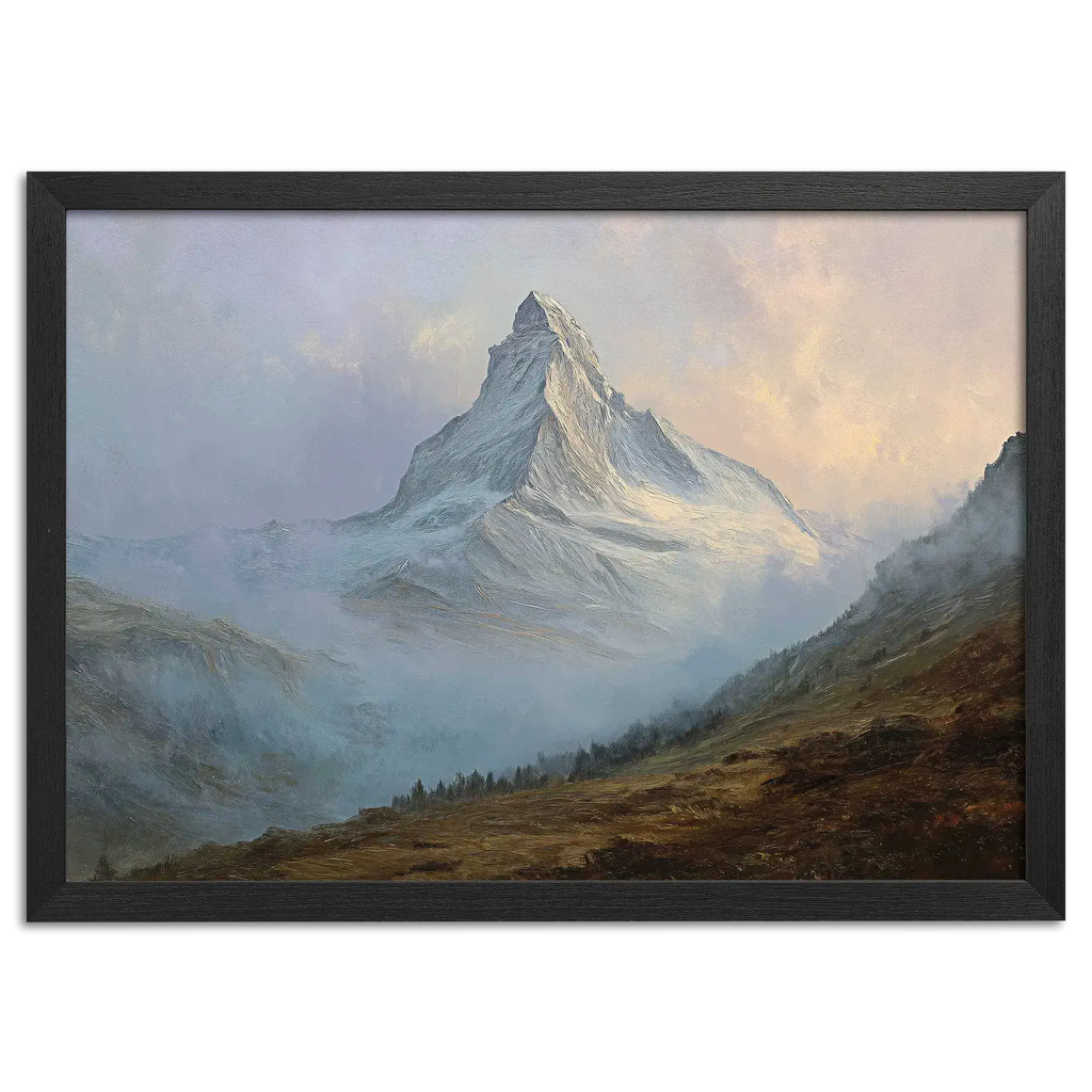 Matterhorn in Mist – Poster showcasing the iconic mountain enveloped in mist with calming colors and textures.