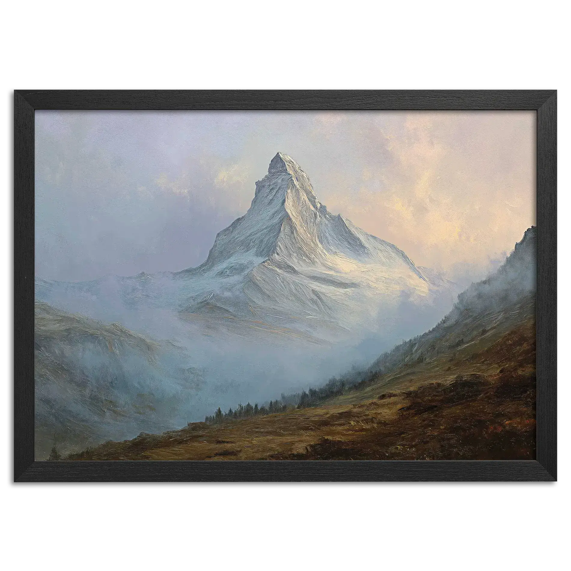 Matterhorn in Mist – Poster showcasing the iconic mountain enveloped in mist with calming colors and textures.