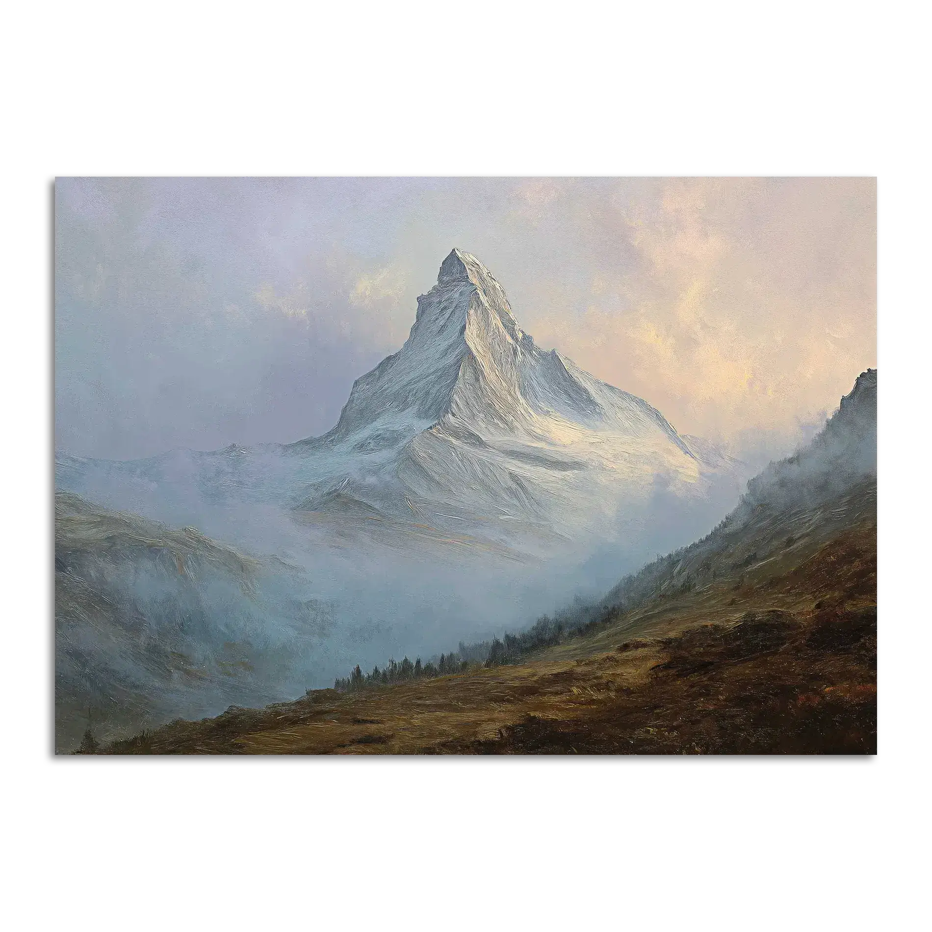 Matterhorn in Mist – Poster showing the Matterhorn above a soft mist, evoking a calm and timeless alpine landscape.