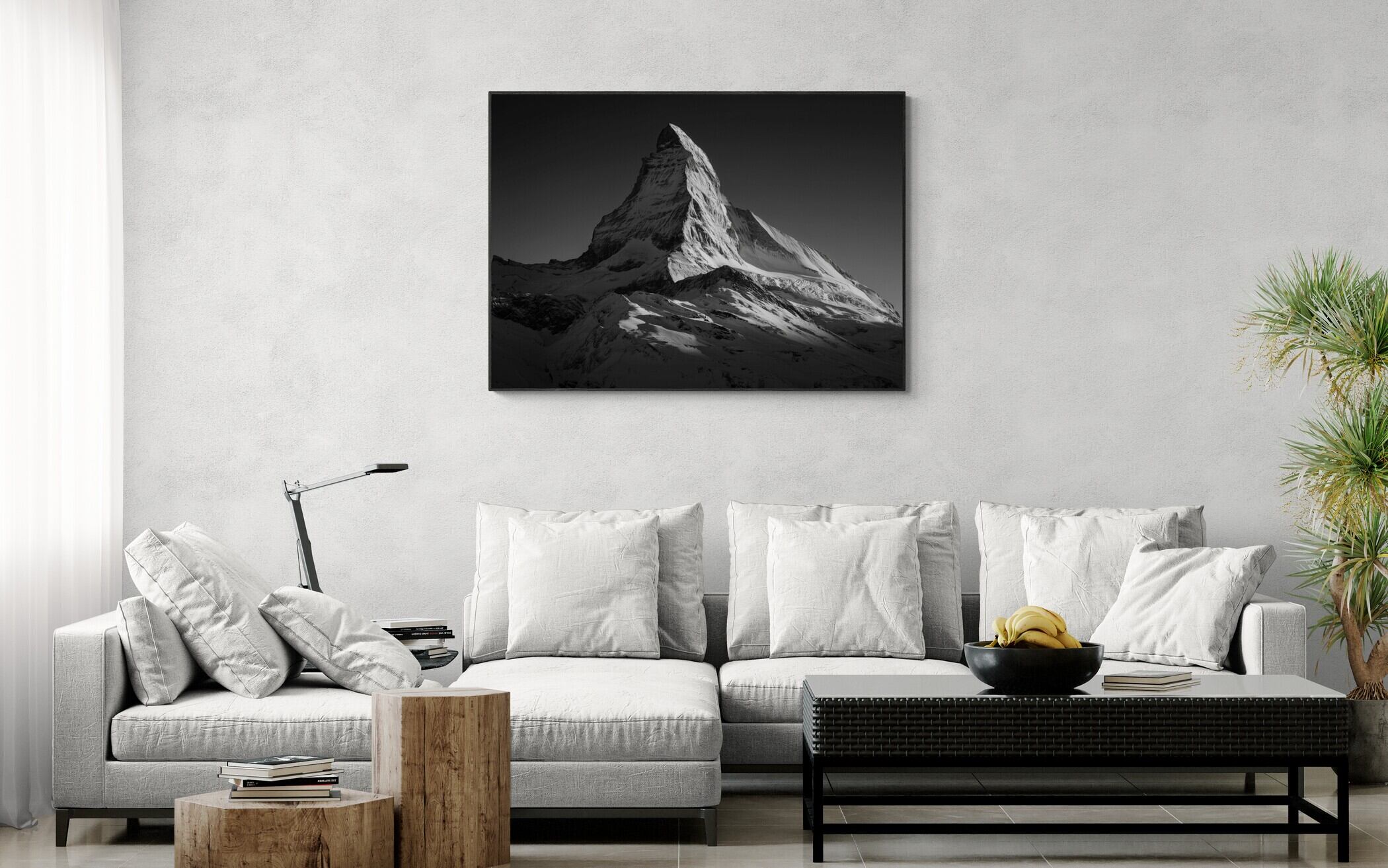 Matterhorn Light – Alu-Dibond wall art displayed in a modern living room setting.