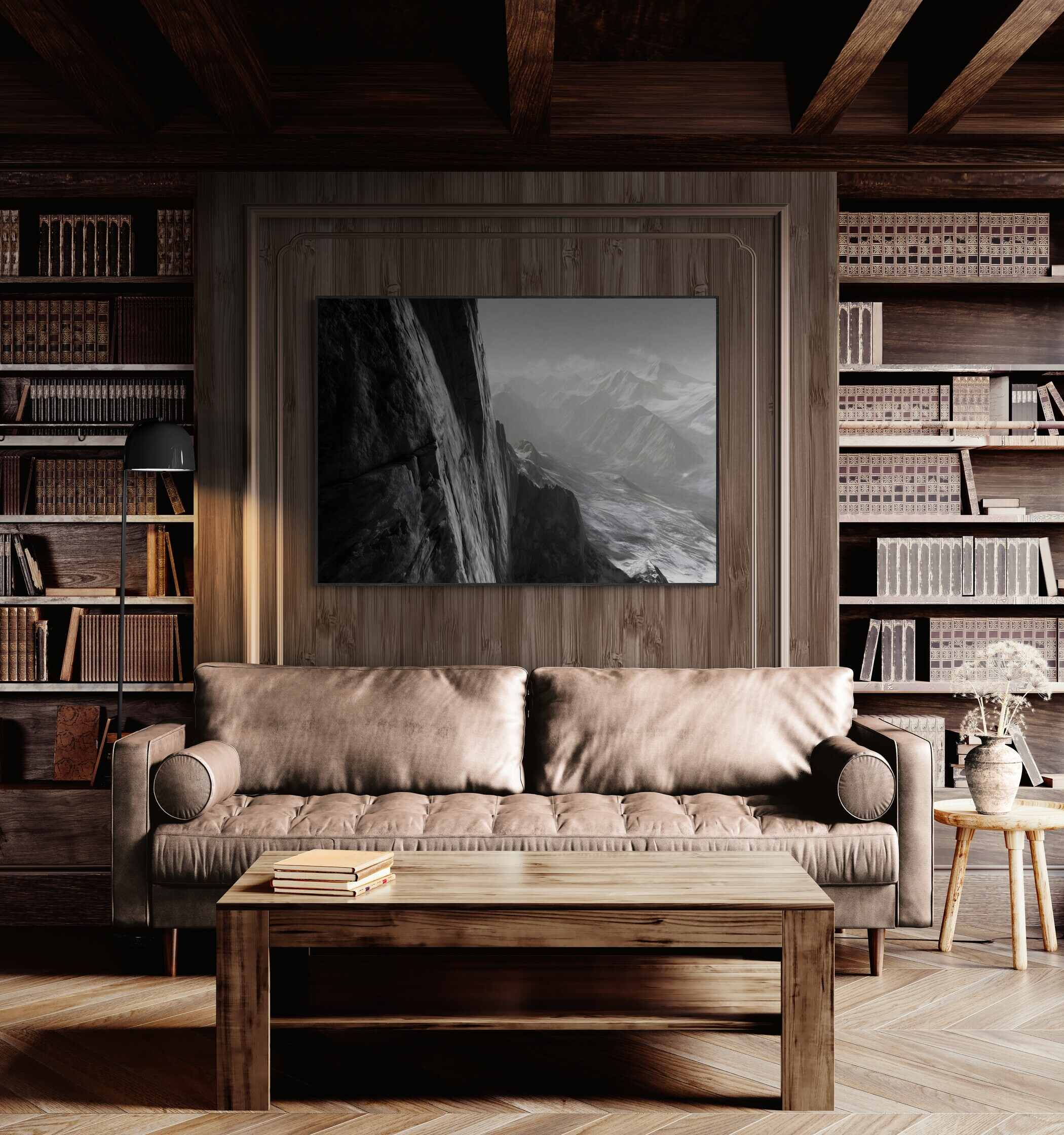 Matterhorn Path – Alu-Dibond wall art displayed in a cozy living room with wooden shelves and soft furnishings.