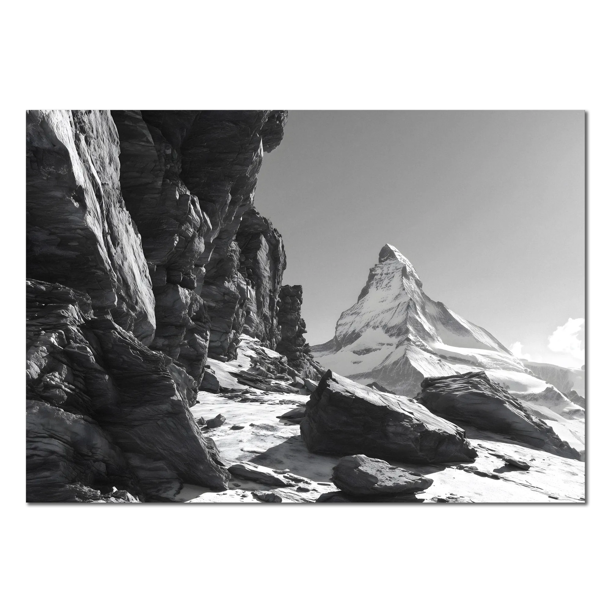 Matterhorn Path – Alu-Dibond wall art depicting the stunning Matterhorn against rugged alpine rocks.