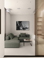 Matterhorn Path – Alu-Dibond wall art displayed in a modern living room with green furniture.