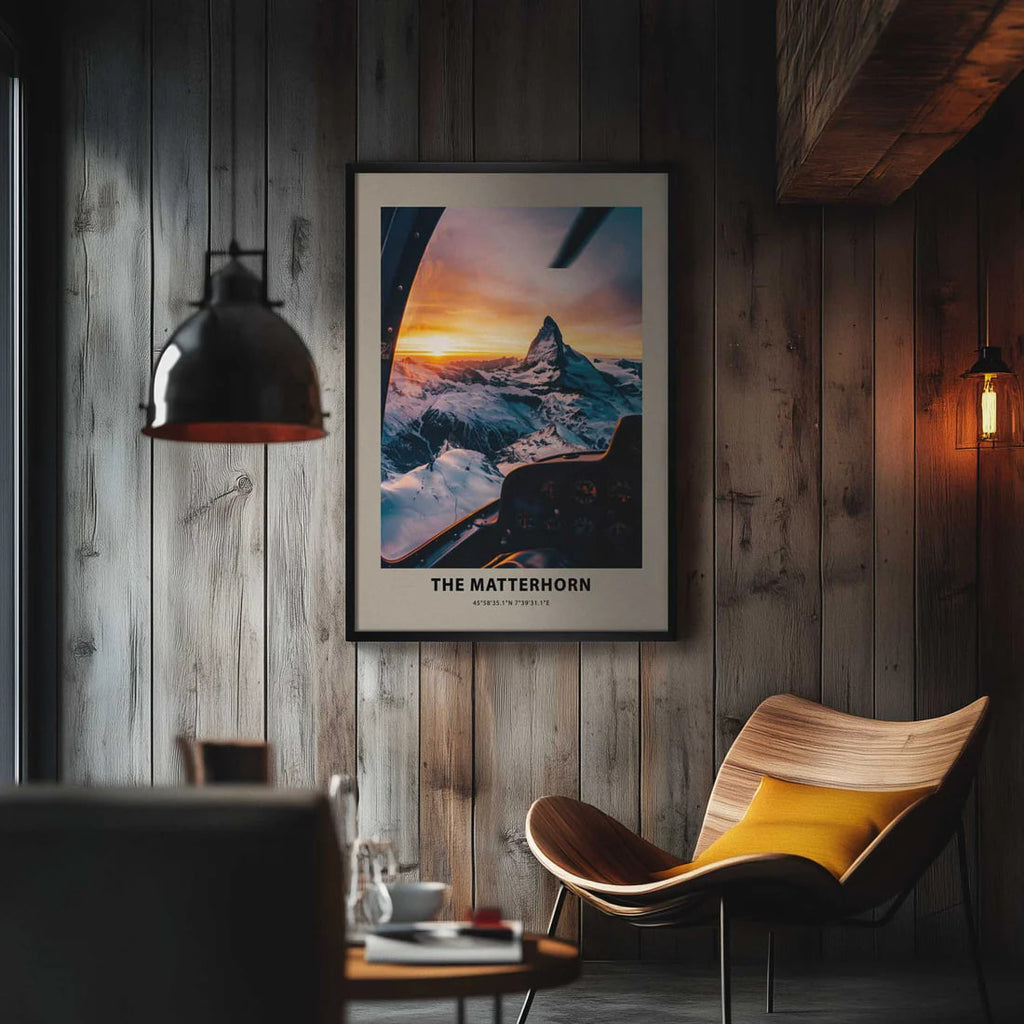 The Matterhorn - Poster featuring an aerial view of the Matterhorn at sunrise, ideal for modern interiors.
