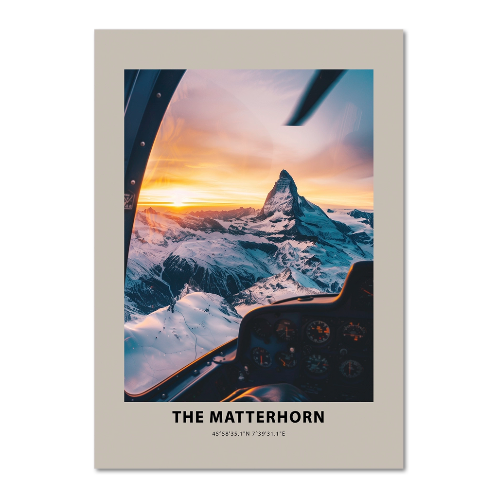 Aerial view of The Matterhorn at sunrise from a cockpit, featuring dramatic lighting and snowy peaks.