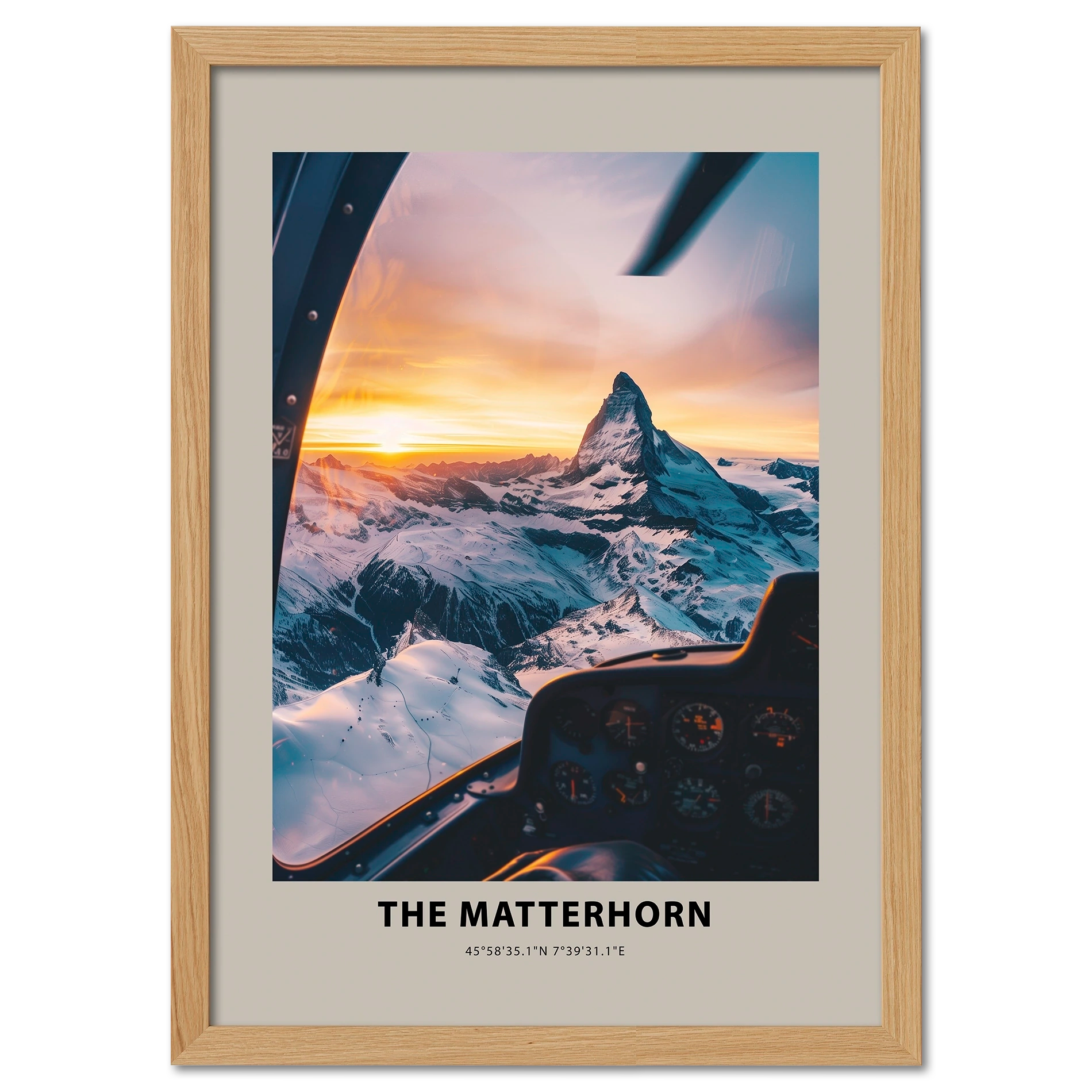 Aerial view of The Matterhorn at sunrise from a cockpit, showcasing snowy peaks and warm golden light.