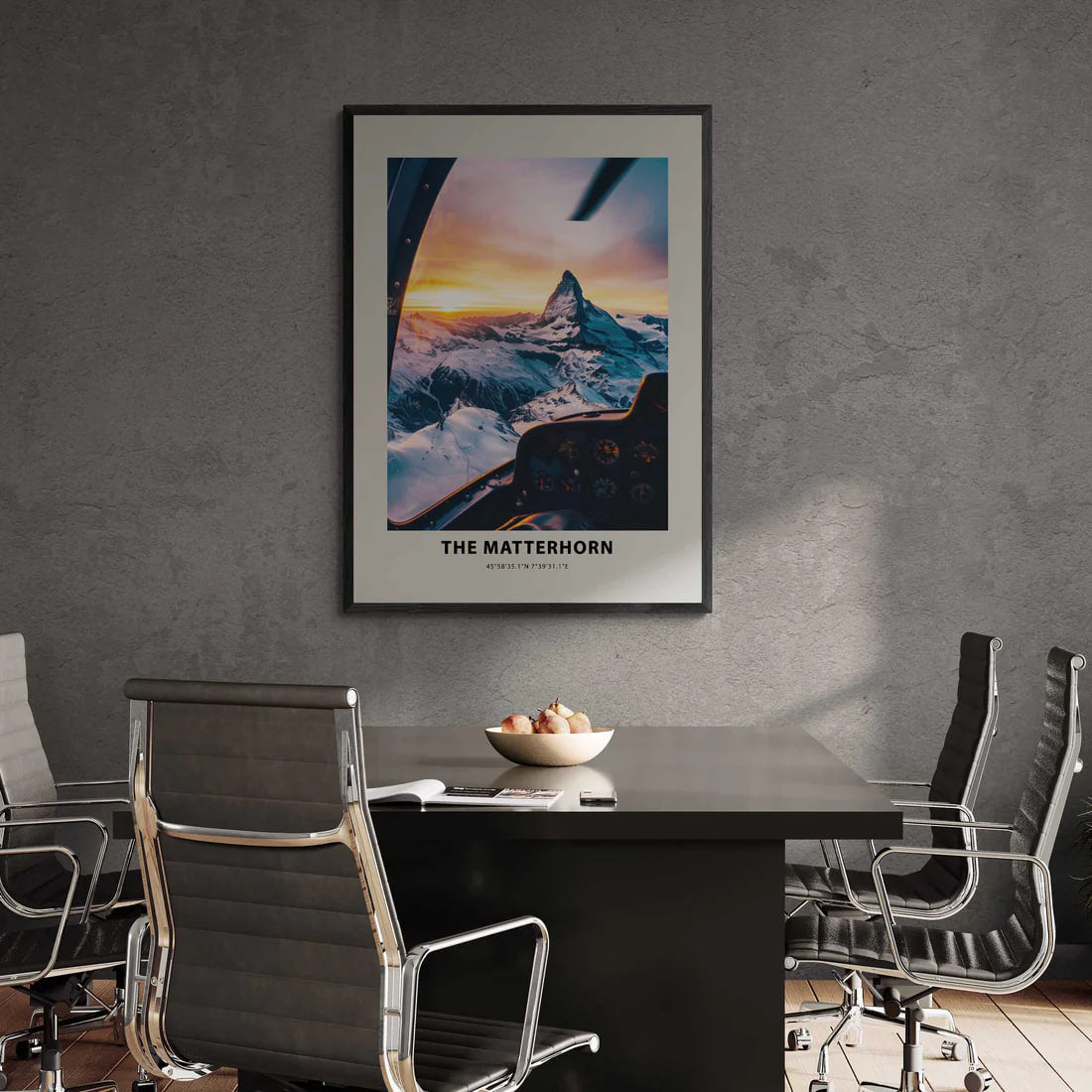 The Matterhorn - Poster showcasing aerial view of the Matterhorn at sunrise in a modern office setting.