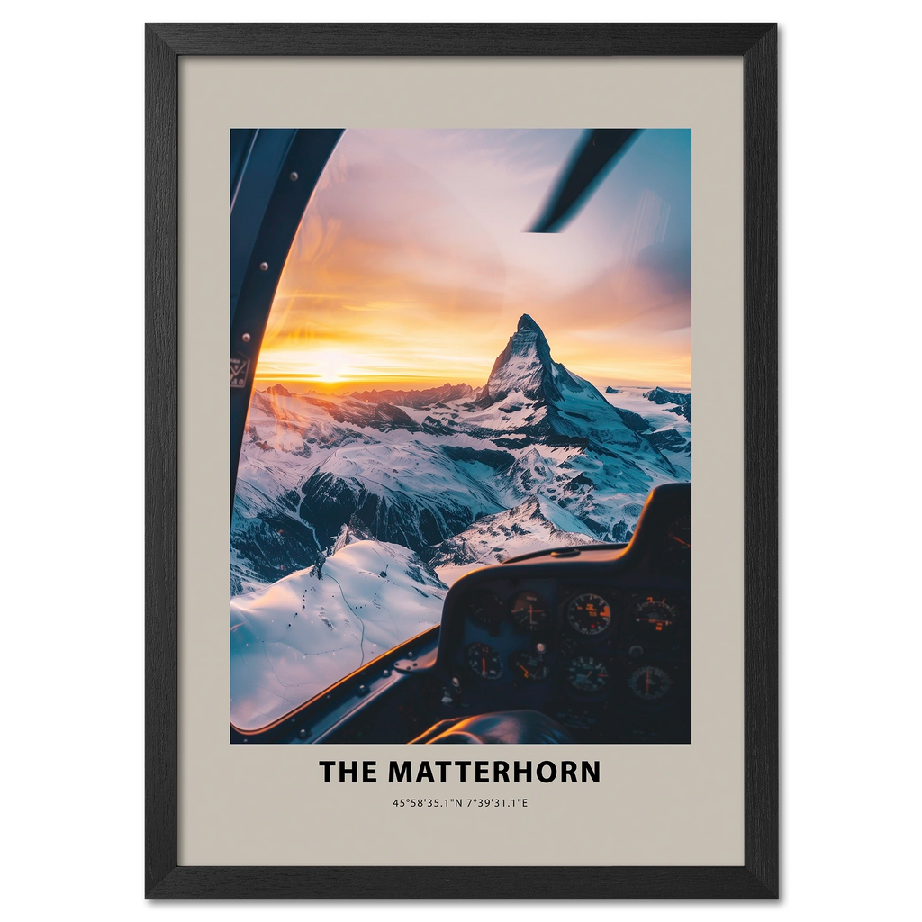 The Matterhorn - Poster featuring an aerial view at sunrise from a cockpit, showcasing snowy peaks and vibrant sky.