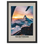 The Matterhorn - Poster featuring an aerial view at sunrise from a cockpit, showcasing snowy peaks and vibrant sky.