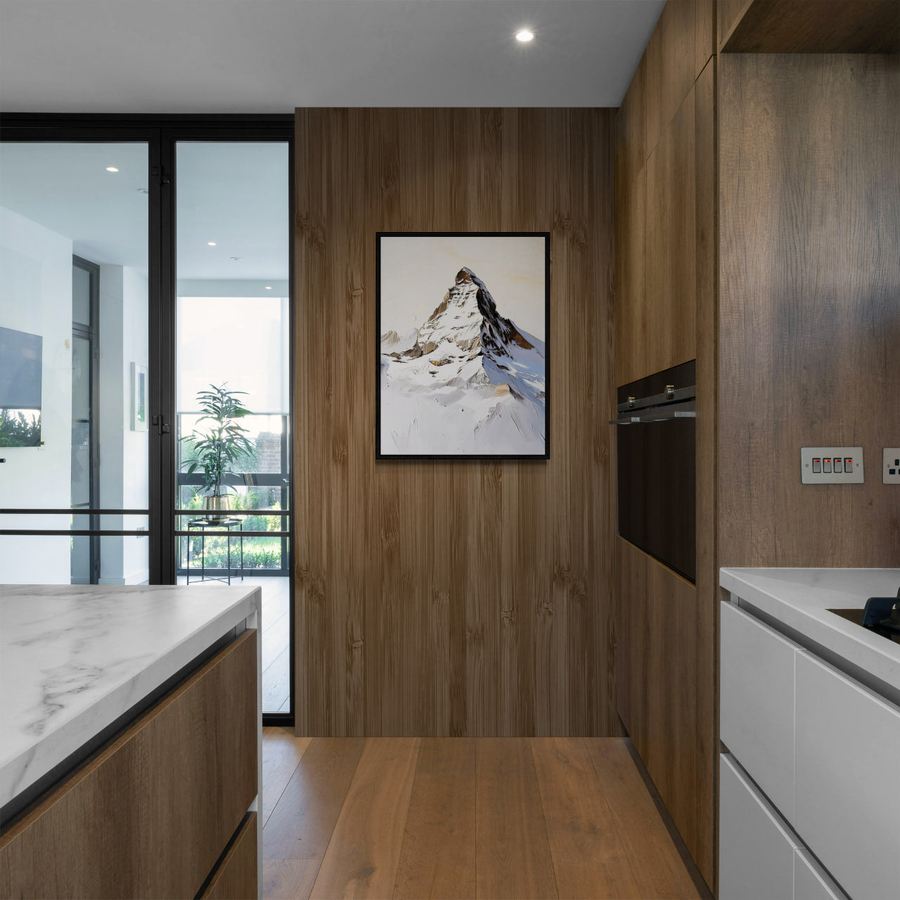 Top of the Matterhorn - Poster displayed in a modern kitchen with wood accents and large windows.