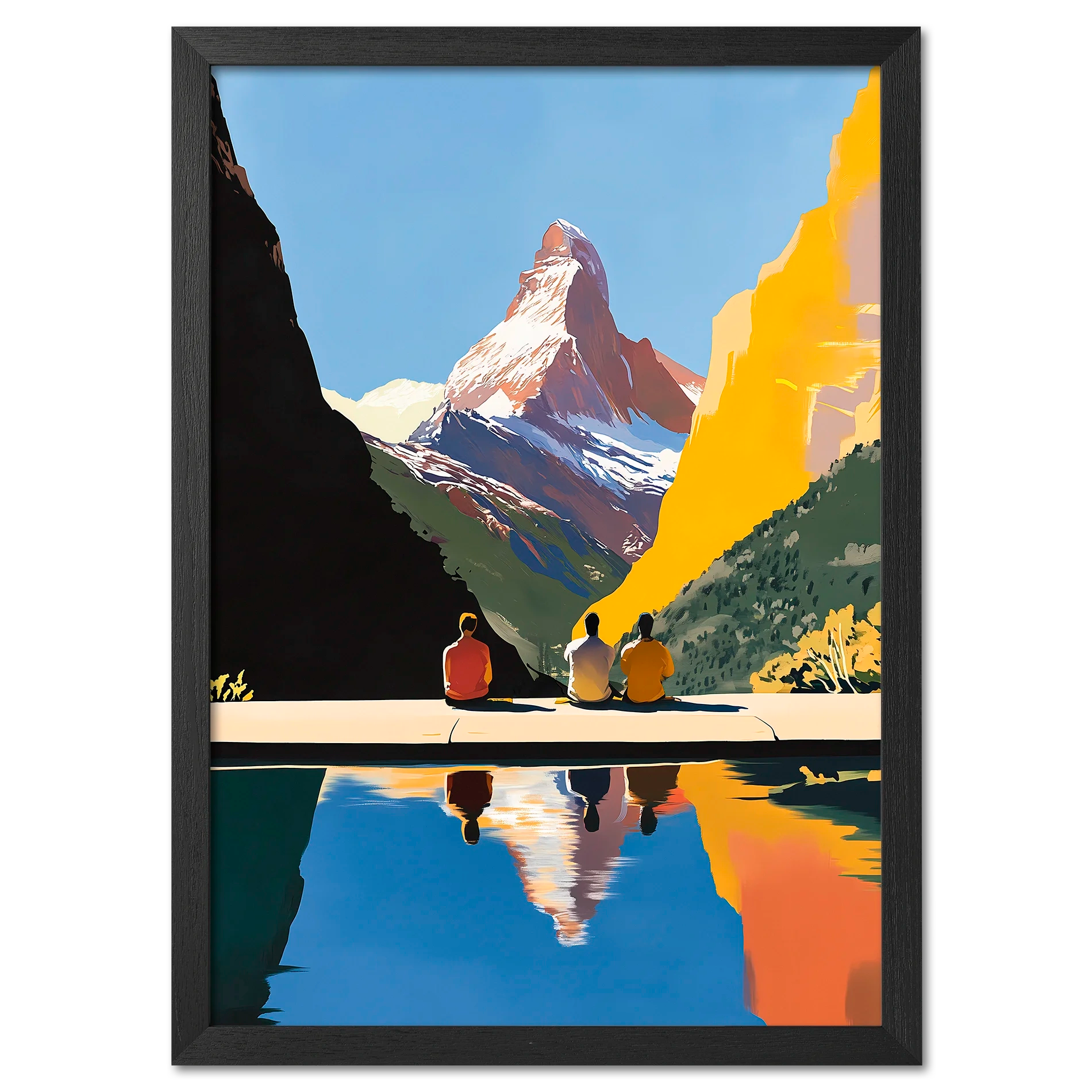 Matterhorn Retreat - Poster featuring three people by a lake with the Matterhorn in the background and reflections in the water.