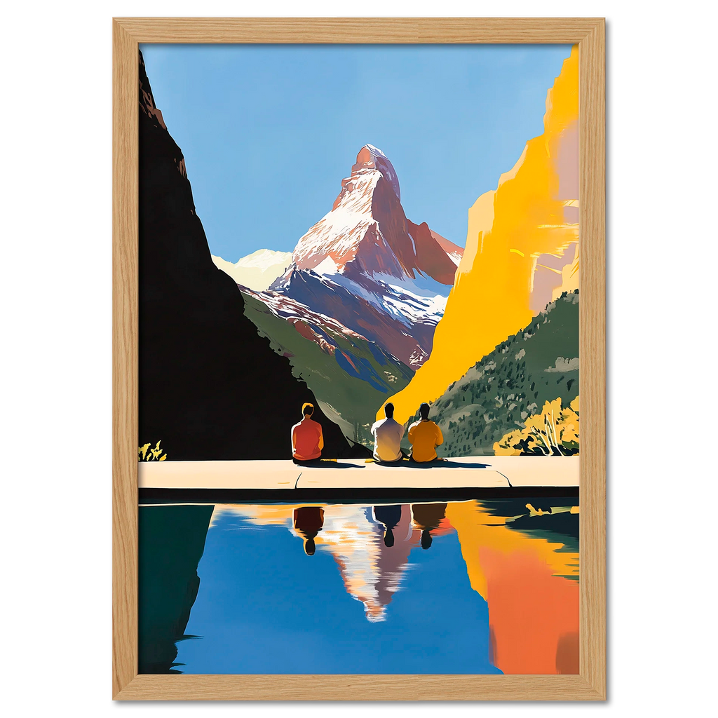 Matterhorn Retreat - Poster featuring three people by a mountain lake reflecting the Matterhorn, creating a serene scene.
